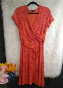 Lands End Pink & Orange Short Sleeve Belted Waist Deep V Neckline Dress Size 6/8